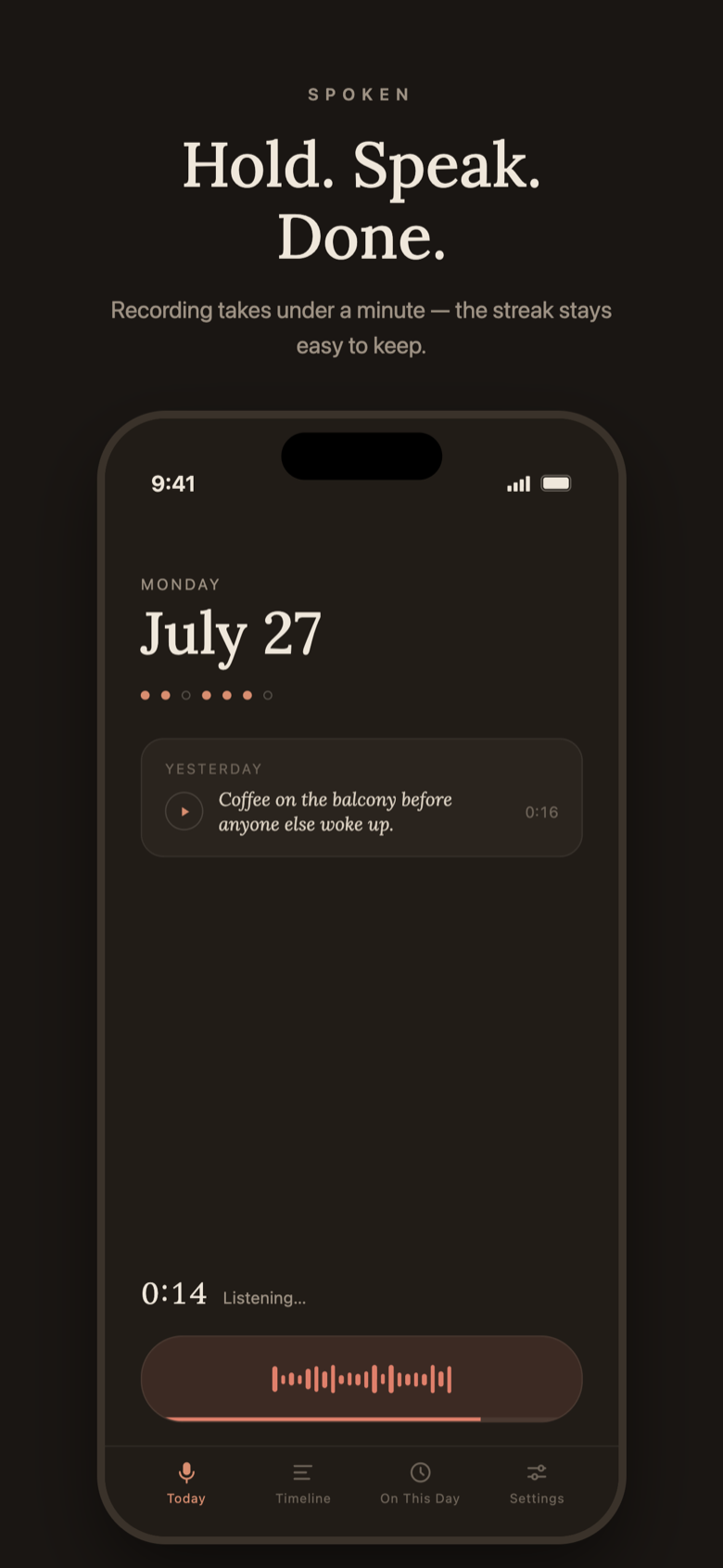 Spoken's Today screen with the Hold to speak button